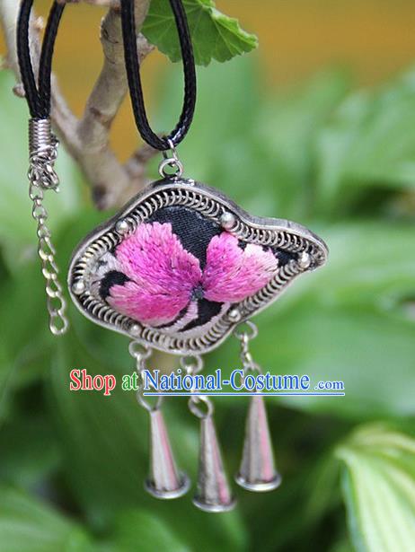 Traditional Chinese Miao Nationality Crafts Hmong Handmade Silver Embroidery Pendant, Ethnic Minority Miao Necklace Accessories Bells Pendant for Women