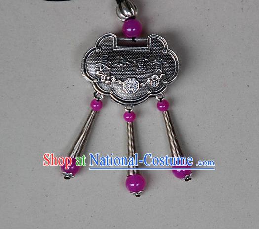 Traditional Chinese Miao Nationality Crafts, Hmong Handmade Miao Silver Embroidery Longevity Lock Pendant, Miao Ethnic Minority Necklace Accessories Bells Pendant for Women