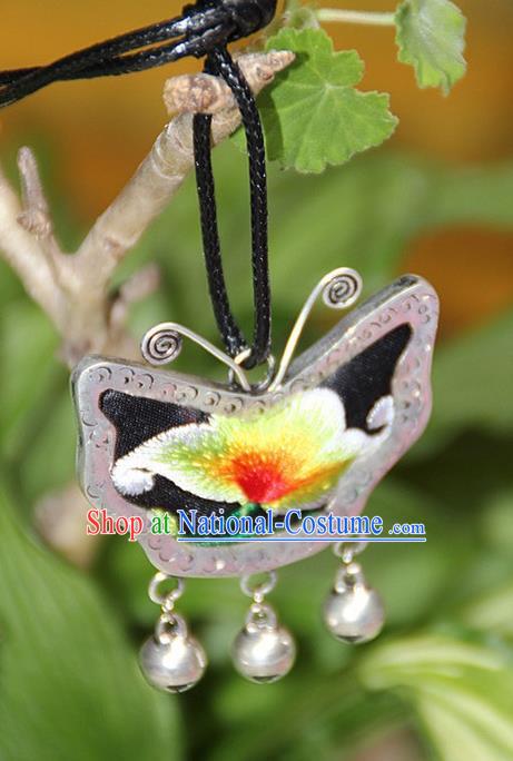 Traditional Chinese Miao Nationality Crafts, Hmong Handmade Miao Silver Embroidery Butterfly Pendant, Miao Ethnic Minority Necklace Accessories Bells Pendant for Women