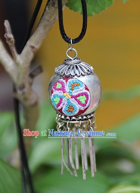 Traditional Chinese Miao Nationality Crafts, Hmong Handmade Miao Silver Embroidery Spherical Pendant, Miao Ethnic Minority Necklace Accessories Bells Pendant for Women