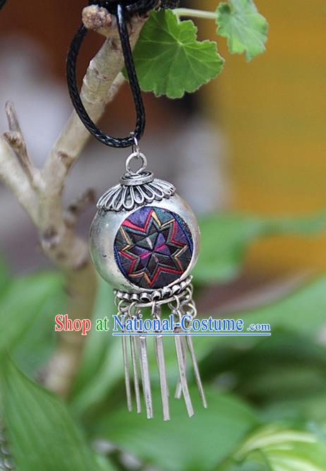 Traditional Chinese Miao Nationality Crafts, Hmong Handmade Miao Silver Embroidery Spherical Tassel Pendant, Miao Ethnic Minority Necklace Accessories Bells Pendant for Women