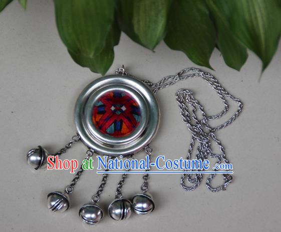 Traditional Chinese Miao Nationality Crafts, Hmong Handmade Miao Silver Embroidery Round Bells Tassel Pendant, Miao Ethnic Minority Necklace Accessories Bells Pendant for Women