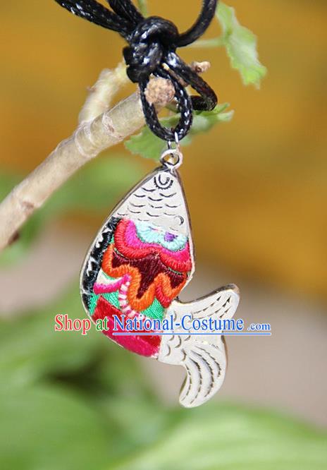 Traditional Chinese Miao Nationality Crafts, Hmong Handmade Miao Silver Embroidery Pendant, Miao Ethnic Minority Necklace Fish Accessories Pendant for Women