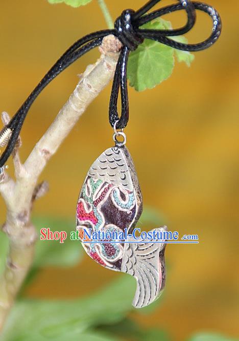 Traditional Chinese Miao Nationality Crafts, Hmong Handmade Miao Silver Embroidery Pendant, Miao Ethnic Minority Necklace Fish Accessories Pendant for Women