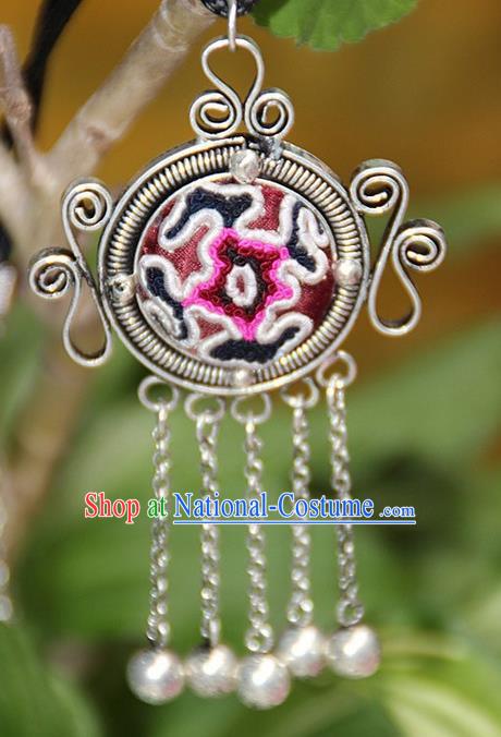 Traditional Chinese Miao Nationality Crafts, Hmong Handmade Miao Silver Embroidery Bells Tassel Pendant, Miao Ethnic Minority Necklace Accessories Bells Pendant for Women