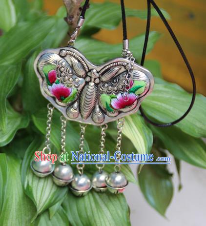 Traditional Chinese Miao Nationality Crafts, Hmong Handmade Miao Silver Embroidery Bells Butterfly Tassel Pendant, Miao Ethnic Minority Necklace Accessories Bells Pendant for Women