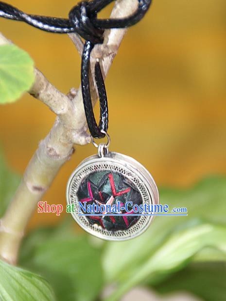 Traditional Chinese Miao Nationality Crafts, Hmong Handmade Miao Silver Embroidery Round Pendant, Miao Ethnic Minority Black Rope Necklace Accessories Pendant for Women