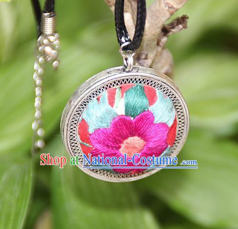 Traditional Chinese Miao Nationality Crafts, Hmong Handmade Miao Silver Embroidery Flowers Round Pendant, Miao Ethnic Minority Black Rope Necklace Accessories Pendant for Women