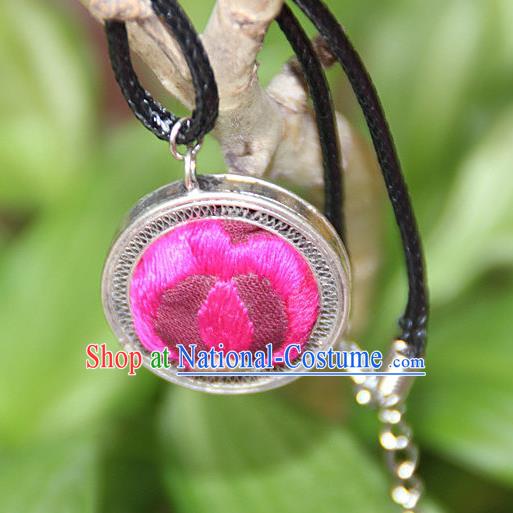 Traditional Chinese Miao Nationality Crafts, Hmong Handmade Miao Silver Embroidery Flowers Round Pendant, Miao Ethnic Minority Black Rope Necklace Accessories Pendant for Women