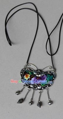 Traditional Chinese Miao Nationality Crafts, Hmong Handmade Miao Silver Embroidery Bells Butterfly Tassel Pendant, Miao Ethnic Minority Necklace Accessories Bells Pendant for Women