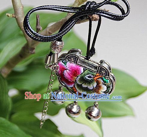 Traditional Chinese Miao Nationality Crafts, Hmong Handmade Miao Silver Embroidery Long Life Lock Bells Tassel Pendant, Miao Ethnic Minority Necklace Accessories Bells Pendant for Women