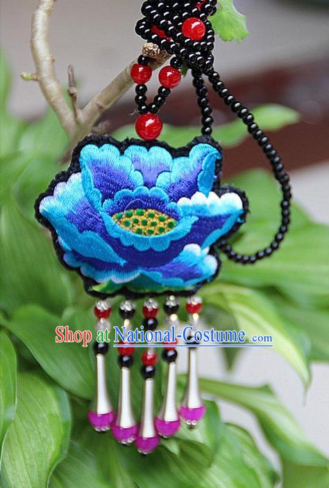 Traditional Chinese Miao Nationality Crafts, Hmong Handmade Double Side Blue Embroidery Tassel Pendant, Miao Ethnic Minority Necklace Accessories Sweater Chain Pendant for Women