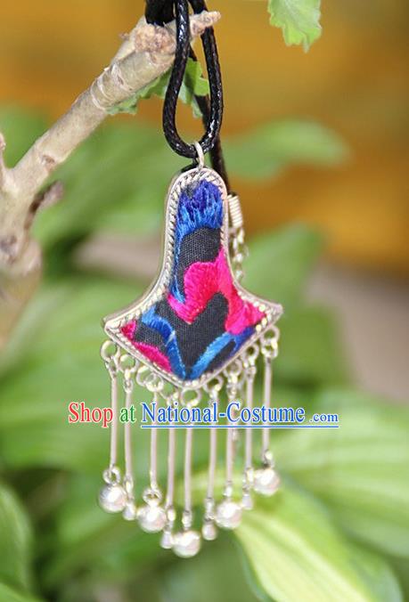 Traditional Chinese Miao Nationality Crafts, Hmong Handmade Miao Silver Embroidery Bells Tassel Pendant, Miao Ethnic Minority Black Rope Necklace Accessories Bells Pendant for Women