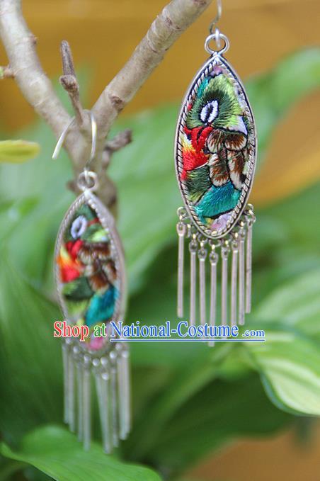 Traditional Chinese Miao Nationality Crafts, Hmong Handmade Miao Silver Embroidery Flowers Tassel Earrings, Miao Ethnic Minority Eardrop Accessories Ear Pendant for Women