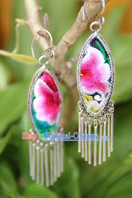 Traditional Chinese Miao Nationality Crafts, Hmong Handmade Miao Silver Embroidery Flowers Tassel Earrings, Miao Ethnic Minority Eardrop Accessories Ear Pendant for Women