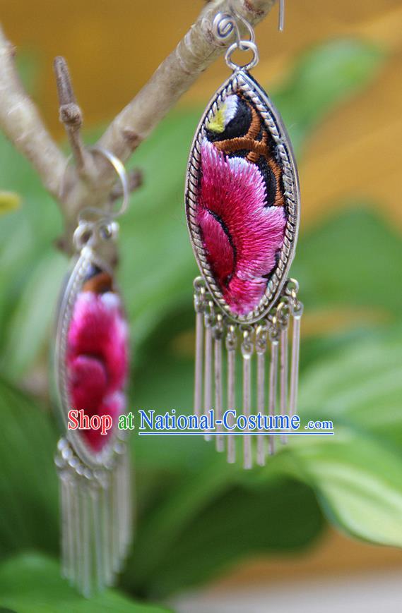 Traditional Chinese Miao Nationality Crafts, Hmong Handmade Miao Silver Embroidery Flowers Tassel Earrings, Miao Ethnic Minority Eardrop Accessories Ear Pendant for Women