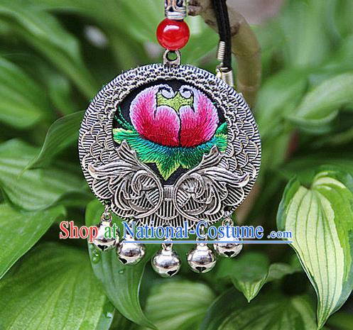 Traditional Chinese Miao Nationality Crafts, Hmong Handmade Miao Silver Embroidery Flowers Pendant, Miao Ethnic Minority Black Rope Necklace Accessories Pendant for Women