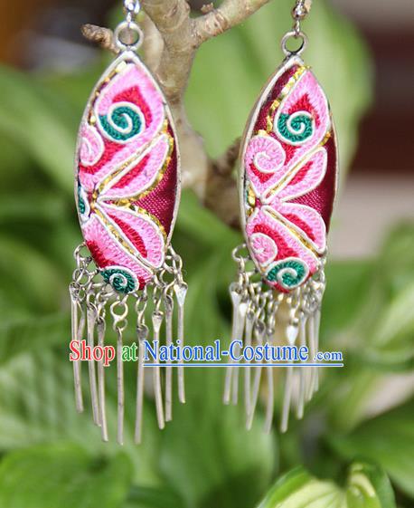 Traditional Chinese Miao Nationality Crafts, Hmong Handmade Embroidery Miao Silver Tassel Earrings, Miao Ethnic Minority Eardrop Accessories Ear Pendant for Women