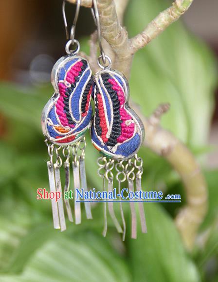 Traditional Chinese Miao Nationality Crafts, Hmong Handmade Embroidery Miao Silver Tassel Earrings, Miao Ethnic Minority Eardrop Accessories Ear Pendant for Women