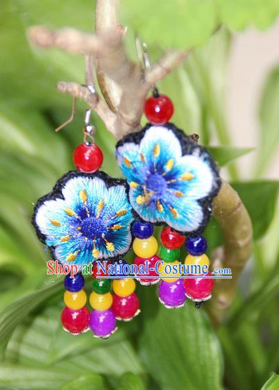 Traditional Chinese Miao Nationality Crafts, Hmong Handmade Embroidery Beads Tassel Earrings, Miao Ethnic Minority Eardrop Accessories Ear Pendant for Women