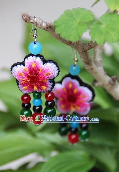 Traditional Chinese Miao Nationality Crafts, Hmong Handmade Embroidery Beads Tassel Earrings, Miao Ethnic Minority Eardrop Accessories Ear Pendant for Women