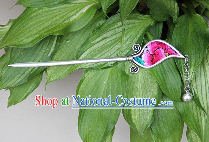 Traditional Chinese Miao Nationality Crafts Jewelry Accessory, Hmong Handmade Embroidery Miao Silver Hairpin, Miao Ethnic Minority Bells Hair Fascinators Hairpins for Women