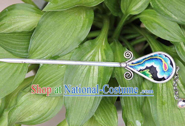 Traditional Chinese Miao Nationality Crafts Jewelry Accessory, Hmong Handmade Blue Embroidery Miao Silver Hairpin, Miao Ethnic Minority Bells Hair Fascinators Hairpins for Women