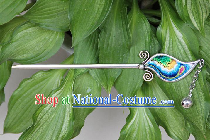 Traditional Chinese Miao Nationality Crafts Jewelry Accessory, Hmong Handmade Embroidery Miao Silver Hairpin, Miao Ethnic Minority Bells Hair Fascinators Hairpins for Women