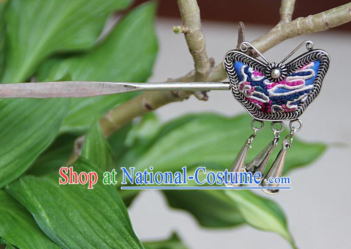 Traditional Chinese Miao Nationality Crafts Jewelry Accessory, Hmong Handmade Embroidery Miao Silver Butterfly Hairpin, Miao Ethnic Minority Bells Hair Fascinators Hairpins for Women