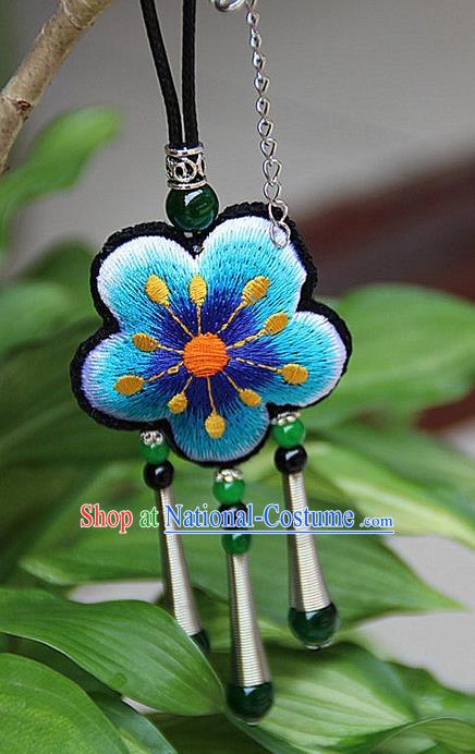 Traditional Chinese Miao Nationality Crafts Jewelry Accessory, Hmong Handmade Miao Silver Embroidery Blue Flowers Green Beads Tassel Pendant, Miao Ethnic Minority Necklace Accessories Pendant for Women