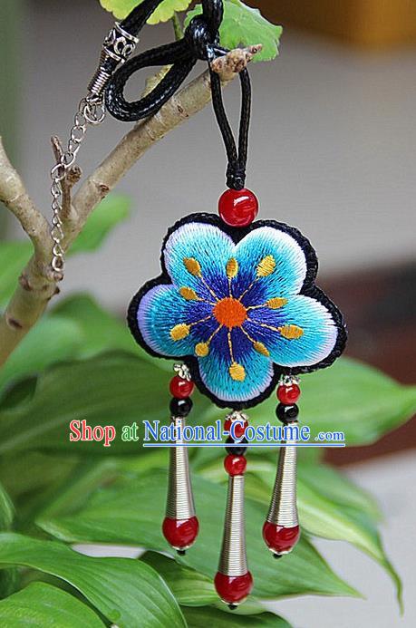 Traditional Chinese Miao Nationality Crafts Jewelry Accessory, Hmong Handmade Miao Silver Embroidery Blue Flowers Red Beads Tassel Pendant, Miao Ethnic Minority Necklace Accessories Pendant for Women