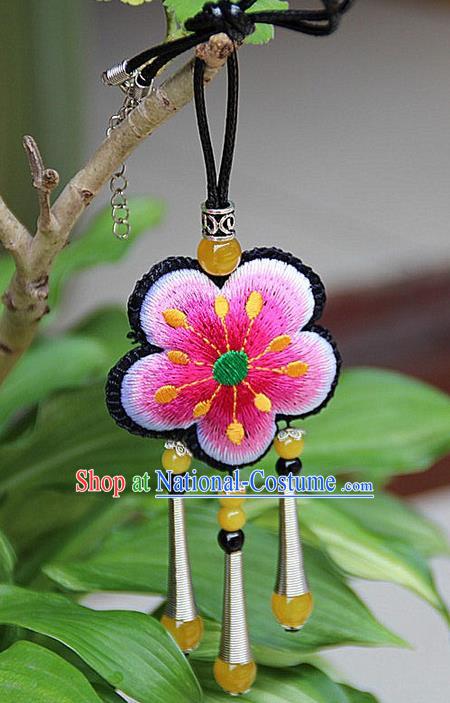 Traditional Chinese Miao Nationality Crafts Jewelry Accessory, Hmong Handmade Miao Silver Embroidery Pink Flowers Yellow Beads Tassel Pendant, Miao Ethnic Minority Necklace Accessories Pendant for Women