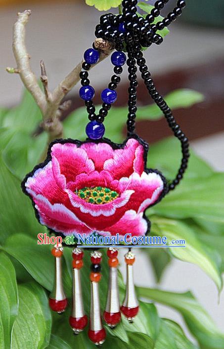 Traditional Chinese Miao Nationality Crafts Jewelry Accessory, Hmong Handmade Double Side Embroidery Red Beads Tassel Pendant, Miao Ethnic Minority Necklace Accessories Sweater Chain Pendant for Women