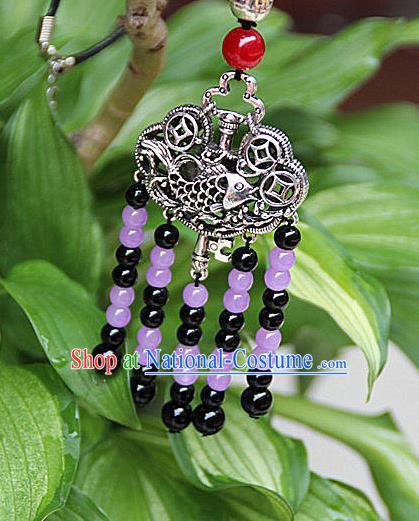 Traditional Chinese Miao Nationality Crafts Jewelry Accessory, Hmong Handmade Miao Silver Beads Tassel Longevity Lock Pendant, Miao Ethnic Minority Necklace Accessories Sweater Chain Pendant for Women