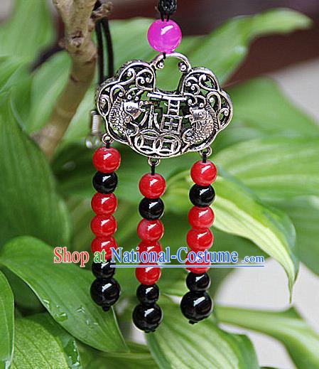 Traditional Chinese Miao Nationality Crafts Jewelry Accessory, Hmong Handmade Miao Silver Beads Tassel Longevity Lock Pendant, Miao Ethnic Minority Necklace Accessories Sweater Chain Pendant for Women