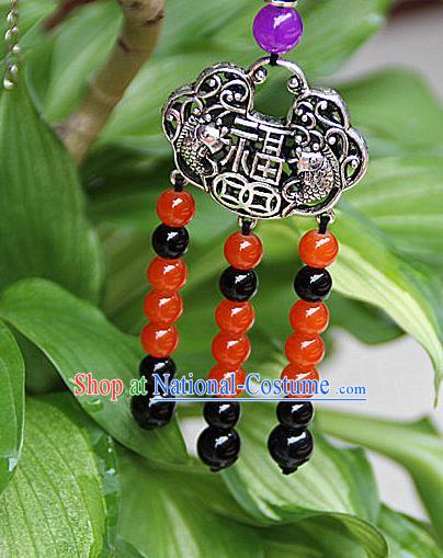 Traditional Chinese Miao Nationality Crafts Jewelry Accessory, Hmong Handmade Miao Silver Beads Tassel Longevity Lock Pendant, Miao Ethnic Minority Necklace Accessories Sweater Chain Pendant for Women