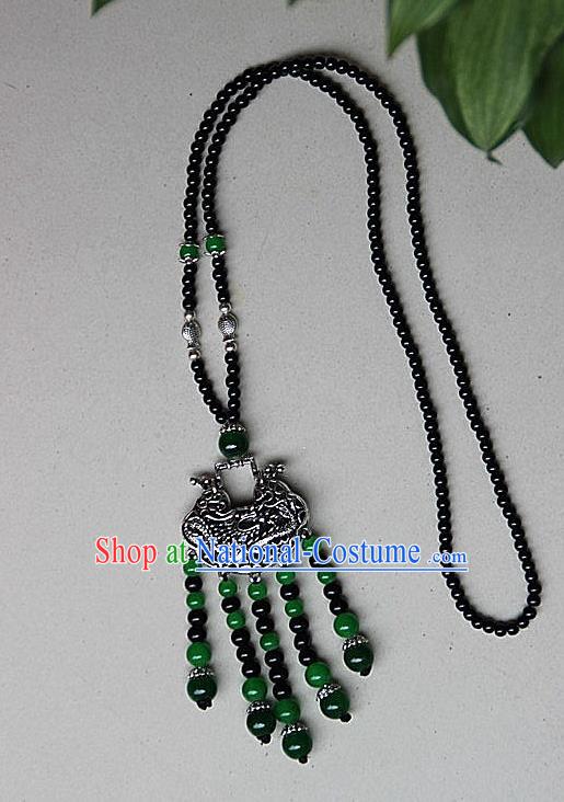 Traditional Chinese Miao Nationality Crafts Jewelry Accessory, Hmong Handmade Miao Silver Beads Tassel Chinese Knot Longevity Lock Pendant, Miao Ethnic Minority Necklace Accessories Sweater Chain Pendant for Women