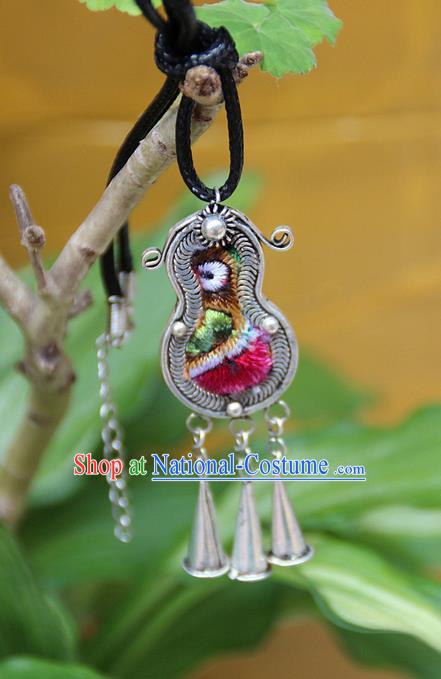 Traditional Chinese Miao Nationality Crafts Jewelry Accessory, Hmong Handmade Miao Silver Embroidery Bells Tassel Pendant, Miao Ethnic Minority Necklace Accessories Sweater Chain Bell Pendant for Women