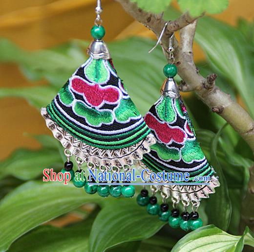 Traditional Chinese Miao Nationality Crafts Jewelry Accessory, Hmong Handmade Embroidery Beads Earrings, Miao Ethnic Minority Eardrop Accessories Ear Pendant for Women