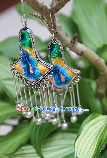 Traditional Chinese Miao Nationality Crafts Jewelry Accessory, Hmong Handmade Embroidery Miao Silver Bells Tassel Earrings, Miao Ethnic Minority Eardrop Accessories Ear Pendant for Women