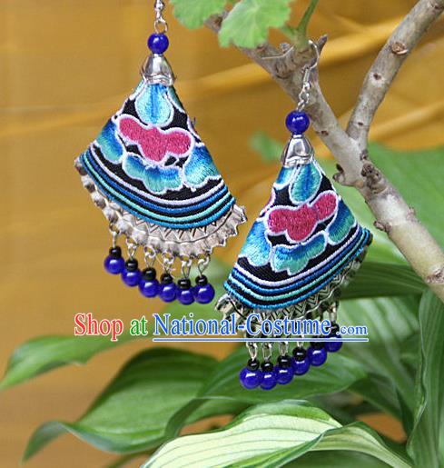 Traditional Chinese Miao Nationality Crafts Jewelry Accessory, Hmong Handmade Embroidery Beads Earrings, Miao Ethnic Minority Eardrop Accessories Ear Pendant for Women