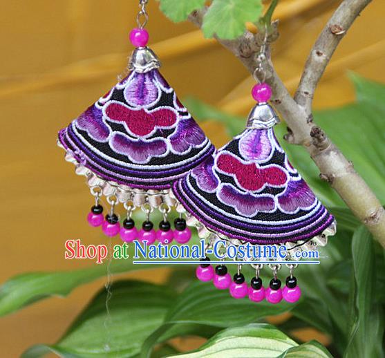 Traditional Chinese Miao Nationality Crafts Jewelry Accessory, Hmong Handmade Embroidery Beads Earrings, Miao Ethnic Minority Eardrop Accessories Ear Pendant for Women