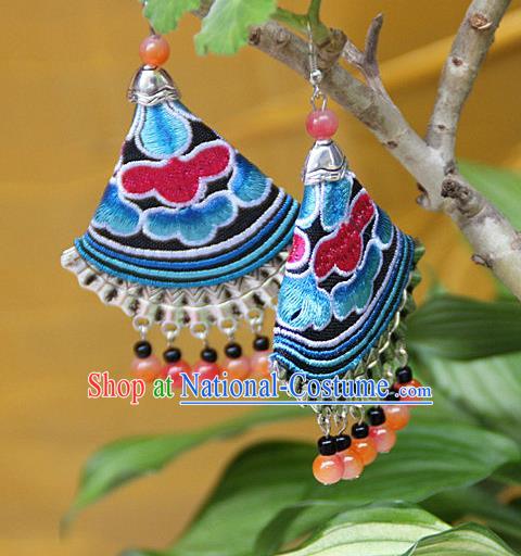 Traditional Chinese Miao Nationality Crafts Jewelry Accessory, Hmong Handmade Embroidery Beads Earrings, Miao Ethnic Minority Eardrop Accessories Ear Pendant for Women