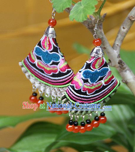 Traditional Chinese Miao Nationality Crafts Jewelry Accessory, Hmong Handmade Embroidery Beads Earrings, Miao Ethnic Minority Eardrop Accessories Ear Pendant for Women