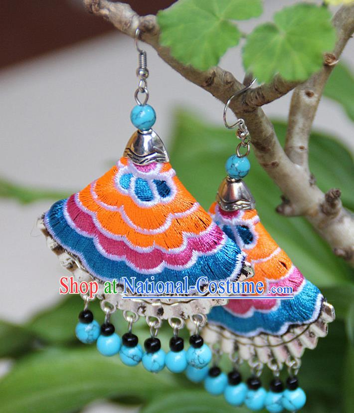 Traditional Chinese Miao Nationality Crafts Jewelry Accessory, Hmong Handmade Embroidery Beads Earrings, Miao Ethnic Minority Eardrop Accessories Ear Pendant for Women