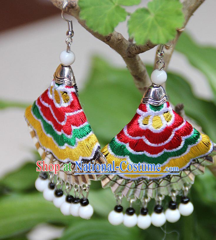 Traditional Chinese Miao Nationality Crafts Jewelry Accessory, Hmong Handmade Embroidery Beads Earrings, Miao Ethnic Minority Eardrop Accessories Ear Pendant for Women