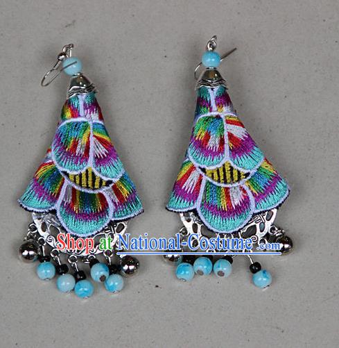 Traditional Chinese Miao Nationality Crafts Jewelry Accessory, Hmong Handmade Embroidery Beads Earrings, Miao Ethnic Minority Eardrop Accessories Ear Pendant for Women