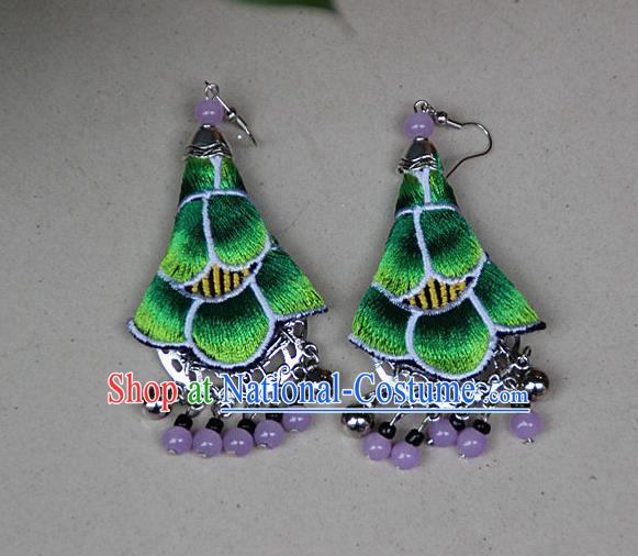 Traditional Chinese Miao Nationality Crafts Jewelry Accessory, Hmong Handmade Embroidery Beads Green Earrings, Miao Ethnic Minority Eardrop Accessories Ear Pendant for Women