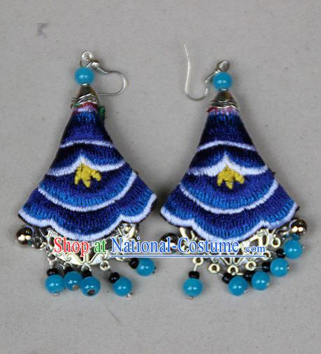 Traditional Chinese Miao Nationality Crafts Jewelry Accessory, Hmong Handmade Embroidery Beads Blue Earrings, Miao Ethnic Minority Eardrop Accessories Ear Pendant for Women