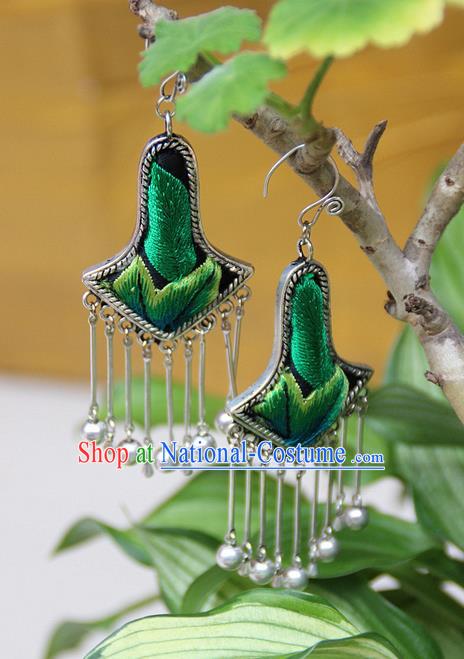 Traditional Chinese Miao Nationality Crafts Jewelry Accessory, Hmong Handmade Embroidery Miao Silver Bells Tassel Earrings, Miao Ethnic Minority Eardrop Accessories Ear Pendant for Women